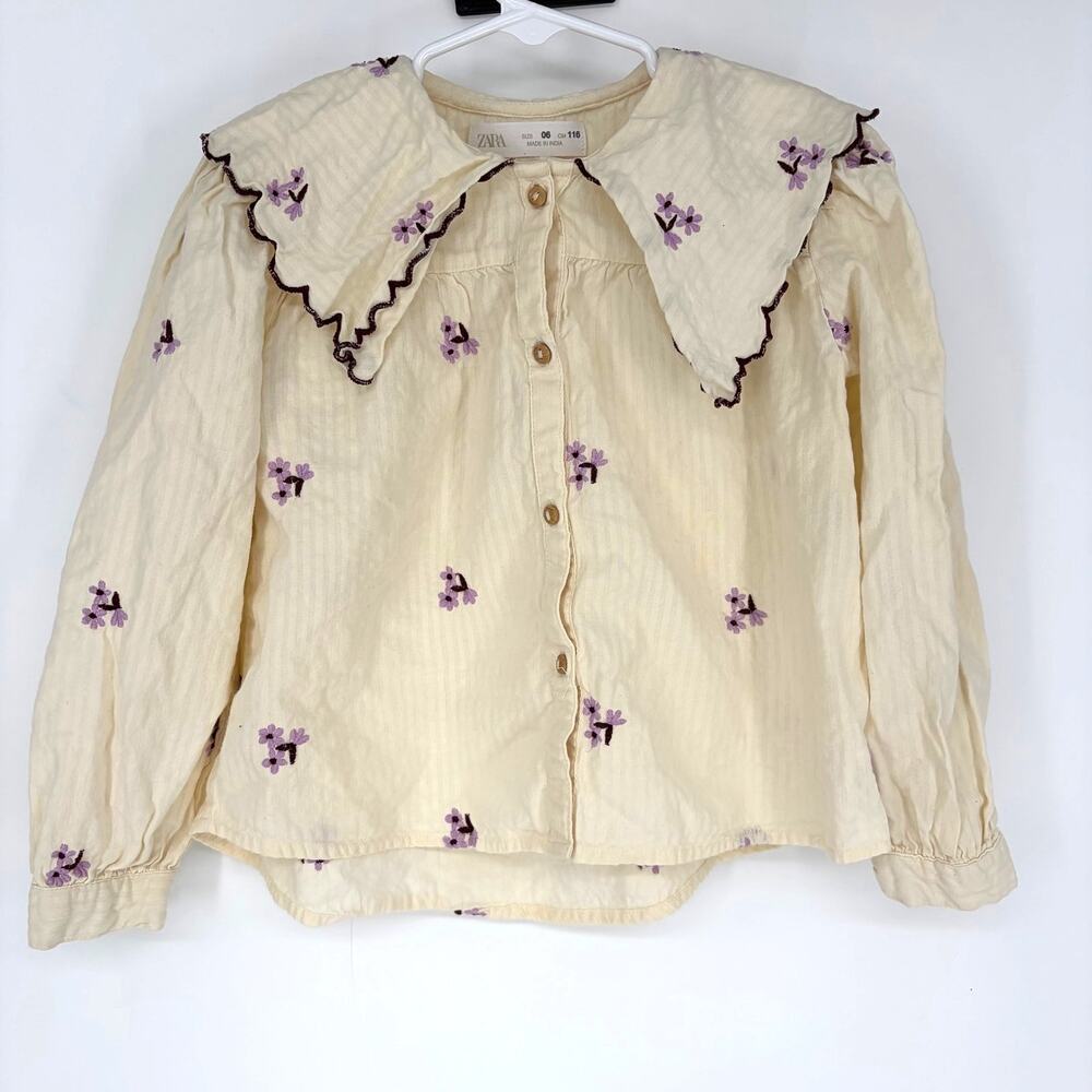 Zara Girls Embroidered Floral Button Down Blouse Peter Pan Collar Size 6